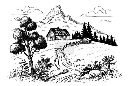 Téléchargez les illustrations : Montagne paysage rural croquis à l'encre dessiné à la main. Gravure d'illustration vectorielle de style vintage - en licence libre de droit