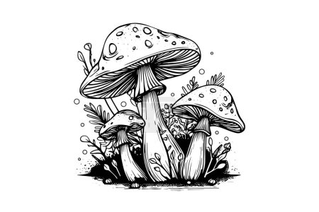 Photo for Fly agaric or amanita mushrooms group growing in grass engraving style. Vector illustration - Royalty Free Image