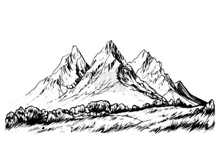 Illustration for Hand drawn ink sketch of mountain landscape. Engraved style logotype vector illustration - Royalty Free Image