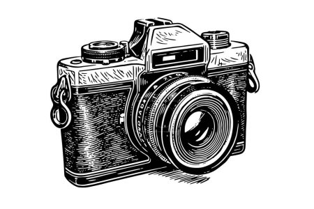 Modern photo camera in engraving style. Vector retro hand drawn illustration