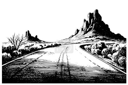 Illustration for Desert road with mountains landscape hand drawn ink sketch. Engraving style vector illustration - Royalty Free Image