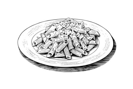 Ilustración de Pastas italianas. Espaguetis en un plato, tenedor con espaguetis Vector grabado estilo ilustración - Imagen libre de derechos