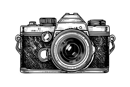 Photo for Modern photo camera in engraving style. Vector retro hand drawn illustration - Royalty Free Image