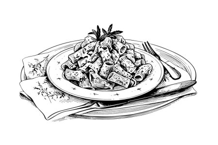Téléchargez les illustrations : Pâtes italiennes. Spaghettis sur une assiette, fourchette avec spaghettis Illustration de style gravure vectorielle - en licence libre de droit