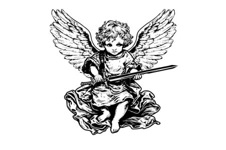 Ilustración de Angelito con espada vector estilo retro grabado ilustración en blanco y negro. Lindo bebé con alas - Imagen libre de derechos