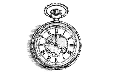 Reloj de bolsillo antiguo vintage grabado a mano ilustración vector dibujado