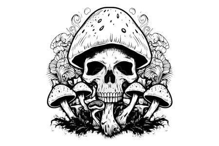 Illustration for Human skull with mushrooms in woodcut style. Vector engraving sketch illustration for tattoo and print design - Royalty Free Image