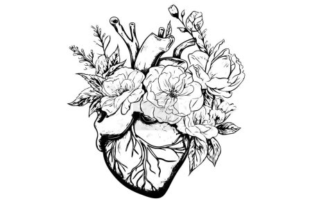 Téléchargez les illustrations : Carte Saint Valentin illustration vintage. Coeur anatomique floral. Illustration vectorielle - en licence libre de droit