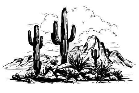Illustration for Landscape with cactus in engraving style vector illustration.Cactus hand drawn sketch imitation - Royalty Free Image