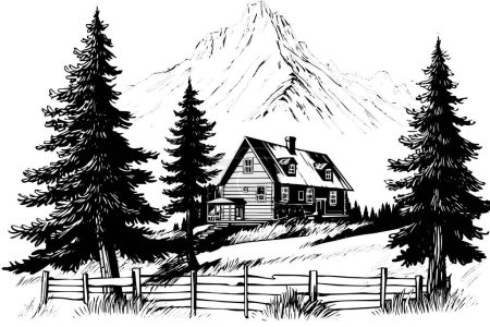 Téléchargez les illustrations : Montagne paysage rural croquis à l'encre dessiné à la main. Gravure d'illustration vectorielle de style vintage - en licence libre de droit