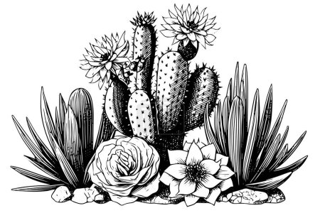 Illustration for Set of cactus in engraving style vector illustration.Cactus hand drawn sketch imitation - Royalty Free Image