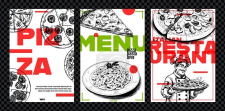 Photo for Italian pizza. Poster,menu cover, banner or template design. Set of vector illustrations. Typography. Vintage ink sketch. Engraving style. Labels, cover, price tag, painting - Royalty Free Image