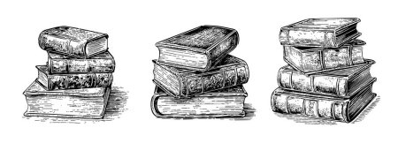 Photo for Sketch engraving stack of books set. Hand drawn vector illustration pack. Black and white composition - Royalty Free Image