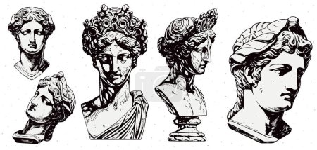 Illustration for Set of antique statue head of greek sculpture sketch engraving style vector illustration pack - Royalty Free Image