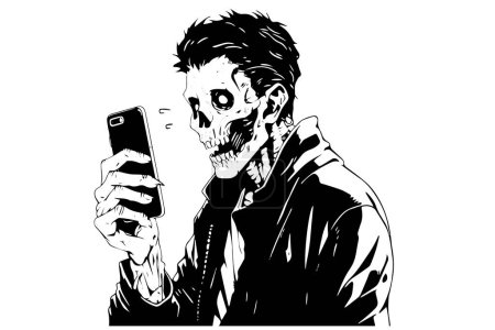 Illustration for Zombie sitting on a phone hand drawn ink sketch. Engraved style vector illustration - Royalty Free Image