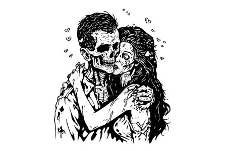 Photo for Zombie love match pair hand drawn ink sketch. Woman and man zombies. Engraved style vector illustration - Royalty Free Image
