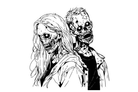Illustration for Zombie love match pair hand drawn ink sketch. Woman and man zombies. Engraved style vector illustration - Royalty Free Image