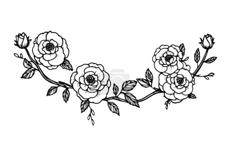 Téléchargez les illustrations : La frontière des roses. Art de ligne simple vintage. Croquis d'encre dessiné à la main. Illustration vectorielle de gravure - en licence libre de droit