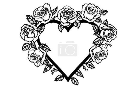 Ilustración de Marco del corazón de rosas. Arte de línea simple vintage. Dibujo de tinta dibujado a mano. Ilustración vectorial grabado - Imagen libre de derechos