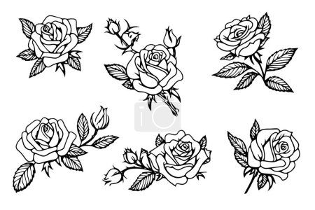 Téléchargez les illustrations : Modèle de roses. Art de ligne simple vintage. Croquis d'encre dessiné à la main. Illustration vectorielle de gravure - en licence libre de droit