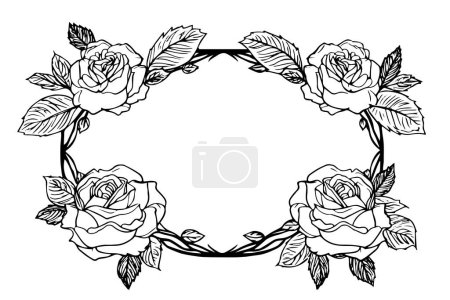 Illustration for Roses frame. Vintage simple line art. Hand drawn ink sketch. Engraving vector illustration - Royalty Free Image