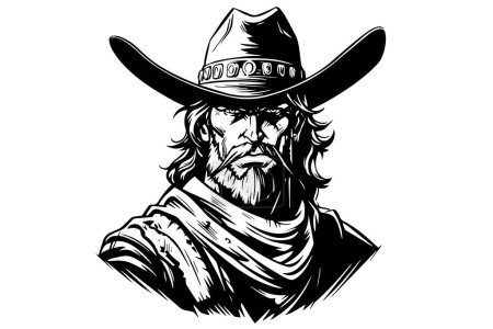Busto de sheriff vaquero o cabeza en sombrero en estilo grabado. Dibujo de tinta dibujado a mano. Ilustración vectorial