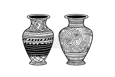 Téléchargez les illustrations : Ensemble de vase antique dessiné à la main croquis à l'encre. Illustration vectorielle de style gravé - en licence libre de droit