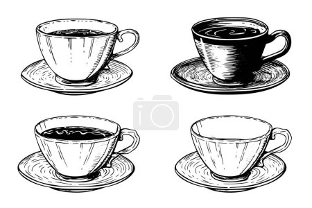 Photo for Set of vintage cups or mugs on a plate hand drawn ink sketch. Engraved style vector illustration - Royalty Free Image