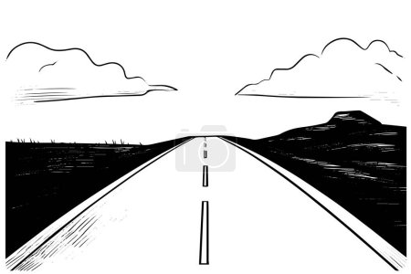 Illustration for Simple road hand drawn ink sketch highway landscape. Engraved style vector illustration - Royalty Free Image