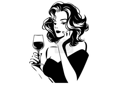 Photo for Sad girl with a glass of wine hand drawn ink sketch. Engraved style retro vector logotype - Royalty Free Image