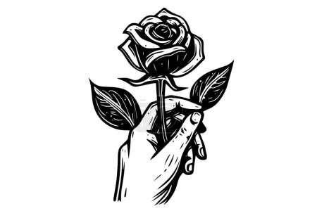 Vintage Hand-Drawn Rose in hand: Black and White Tattoo Vector Print Illustration