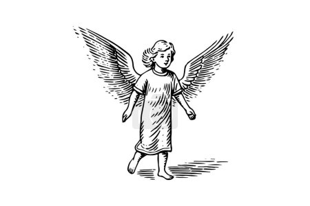 Vintage Angelic Cherub: Engraved Sketch Illustration of a Cherubic Figure, Symbolizing Innocence and Divine Love