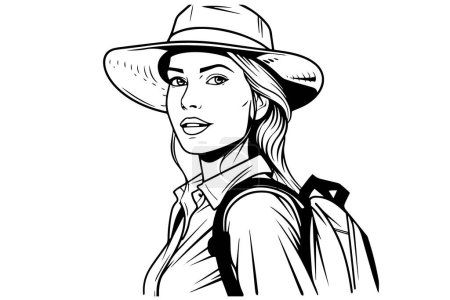 Photo for Girl explorer or traveller hand drawn ink sketch. Engraved style retro vector logotype - Royalty Free Image