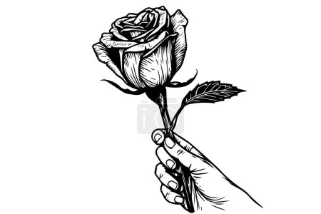 Vintage Hand-Drawn Rose in hand: Black and White Tattoo Vector Print Illustration