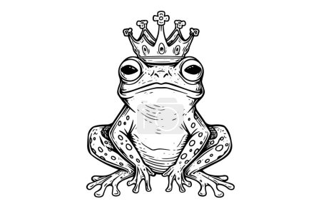 Princess frog in crown hand drawn ink sketch. Engraved style vector illustration