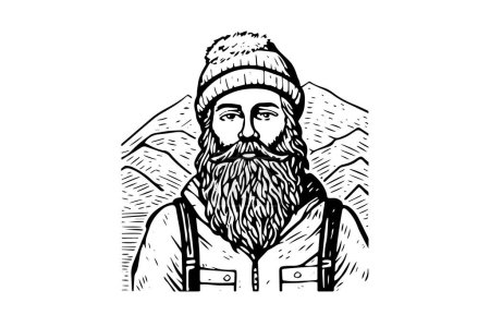 Vintage Adventure Logo: Hand-Drawn Vector Illustration of a Hipster Hiker Conquering Mountains