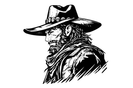 Cowboy sheriff bust or head on hat in engraving style. Hand drawn ink sketch. Vector illustration