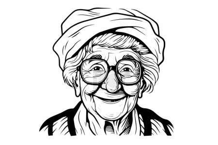 Photo for Cute smiling granny hand drawn ink sketch. Engraved style vector portrait. Design for logotype - Royalty Free Image