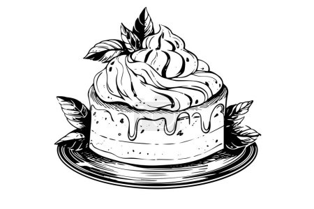 Vintage Hand-Drawn Cake Illustration: Birthday Cake with Candles, Engraved Sketch Drawing in Retro Style