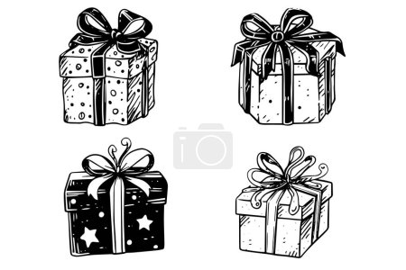 Set of present gift box with ribbon bow vector sketch. Vintage christmas icon