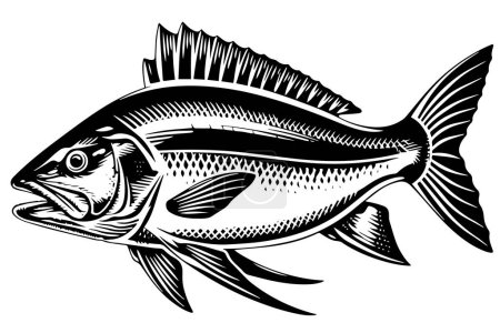 Vintage Fish Engraved Vector Logotype Sketch. Woodcut retro Tuna or Mackerel Ink Icon
