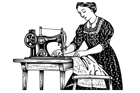 A seamstress woman works at a retro sewing machine in egraving style vector illustration