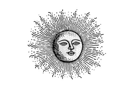 Photo for Vintage Celestial Face: Engraved Retro Vector Illustration of Sun and Moon - Royalty Free Image