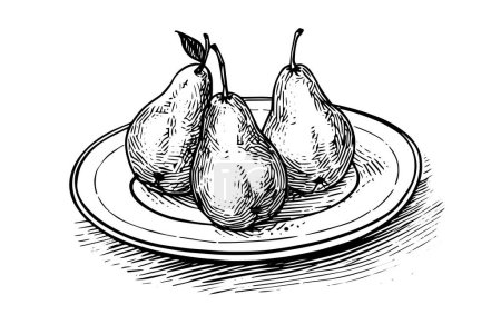 Photo for Pear on a plate hand drawn ink sketch. Engraved style vector illustration - Royalty Free Image