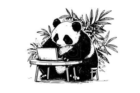 Panda works on a laptop hand drawn ink sketch. Vector illustration