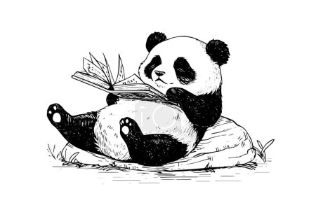 Panda reading a book hand drawn ink sketch. Vector illustration