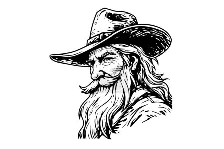 Old cowboy bust or head on hat in engraving style. Hand drawn ink sketch. Vector illustration