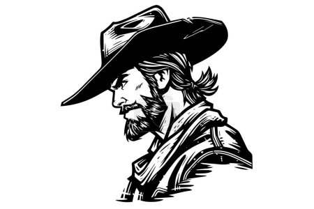 Cowboy head on hat in engraving style. Hand drawn ink sketch. Vector illustration
