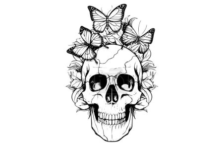 Photo for Skull with butterfly hand drawn ink sketch. Engraved style vector illustration - Royalty Free Image