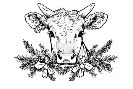 Cow with a wreath hand drawn ink sketch. Engraved style vector illustration